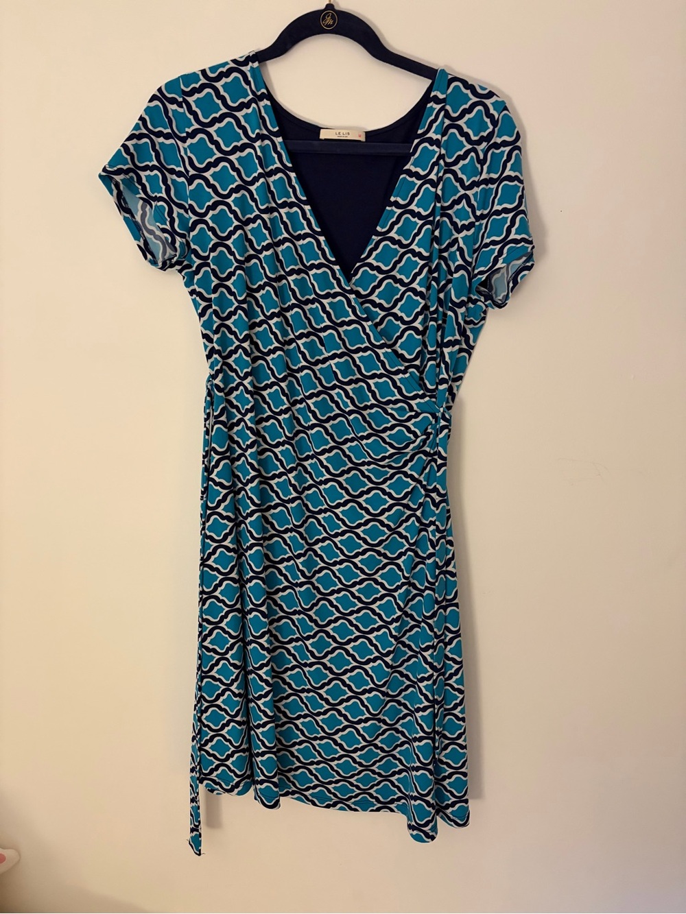 Le Lis Blue Geometric Midi Wrap Dress